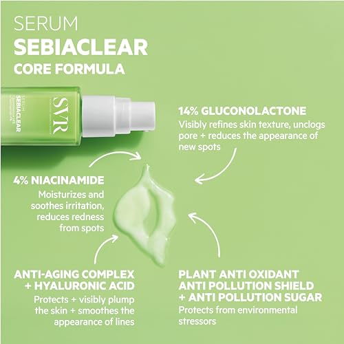 SVR Sebiaclear Face Serum. Retinol Alternative with Niacinamide & Hyaluronic Acid For Sensitive Oily Skin. Reduce the Appearance of Fine Lines, Wrinkles, Control Breakouts & Unclog Pores, 1 fl.oz