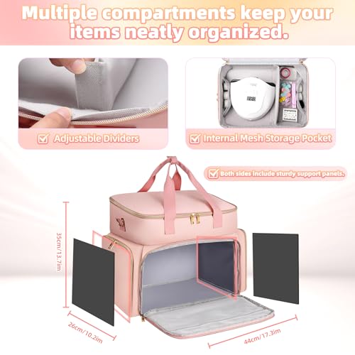 DERSTUEWE Nail Polish Organizer Case ? Waterproof Travel Bag with Hard Bottom ? Double Layer Nail Storage Bag with Adjustable Dividers & Nail Lamp Compartment (Pink)