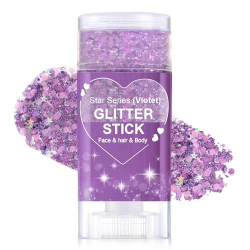 Christmas Body Glitter Stick, Purple Sequin Hair Glitter for Rumi Costume Cosplay and Tattoos Makeup, Chunky Glitter Face Paint, Waterproof Hair Glitter Gel for Glirs and Women (Purple)
