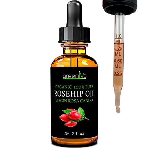 GreenIVe Rosehip Oil Rosa Canina 100% Pure Cold Pressed Virgin Oil Glass Dropper Easy Application (2 Fl Oz)