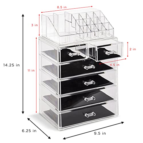 Sorbus Acrylic Makeup Organizer Set, 6-Drawer Vanity & Countertop Cosmetic Storage with Small & Wide Compartments, Clear Makeup Storage for Brushes, Jewelry ? Holiday Gift for Women & Teens