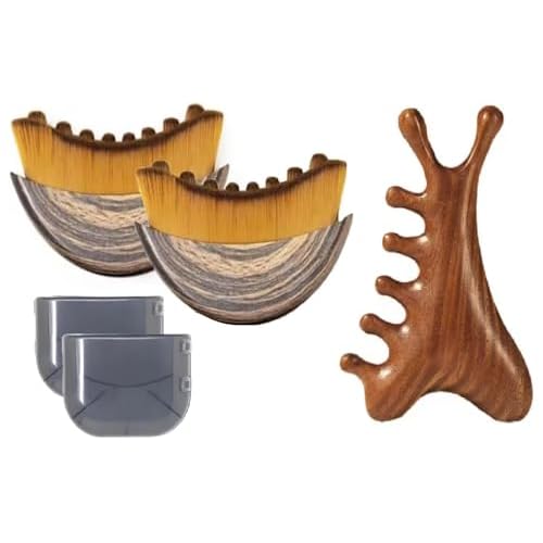 Lymphatic Contour Face Brush Set with Sandalwood Gua Sha Massager Tool Ergonomic Sculpting Drainage Claw Comb Head Chin Neck Jawline Eyes Fits Skin Relieve Fatigue Puffiness