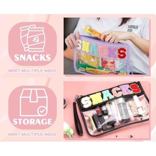 4 Piece Clear Snack Bag for Travel, Chenille Letter Zipper Pouch, Nylon Cosmetic & Makeup Bag, Waterproof Reusable Organizer for Snacks, Toiletries, School, Vacation, Glitter Patch Design