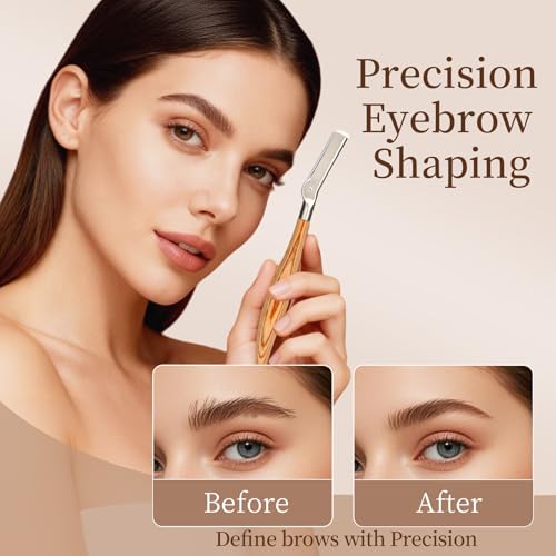 Wooden Eyebrow Razor - 8 Replacement Blades & Leather Pouch - Precision Eyebrow Trimmer & Dermaplaning Tool for Face Peach Fuzz, Lip Hair - Safety Mesh Guard