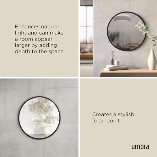Umbra Hub Round Wall Mirror with Rubber Frame, Modern Style for Bathroom, Entryway, Living Room and More, 24-Inch, Black