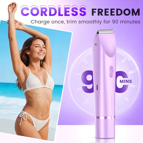 Bikini Trimmer for Women, Painless Electric Razor for Women with Dual Head, IPX7 Waterproof Pubic Body Hair Trimmer Electric Shaver for Legs/Arm/Underarm (Purple)