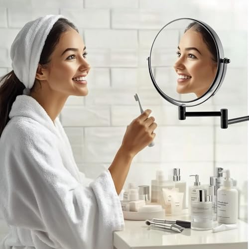 JANEEVA 8" Wall Mounted Makeup Mirror, 1X/10X Magnifying Mirror with 360¡Æ Extendable Arm, Double Sided Bathroom Vanity Mirror for Man & Woman (Matte Black)