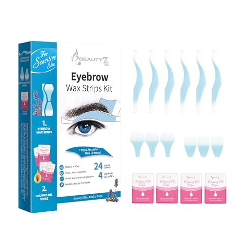 Beauty7 Sensitive Eyebrow Wax Strips, Facial Hair Removal for Men, Eyebrow Waxing Strips, 24 Strip 4 Calming Oil Wipes, Home Waxing for Men