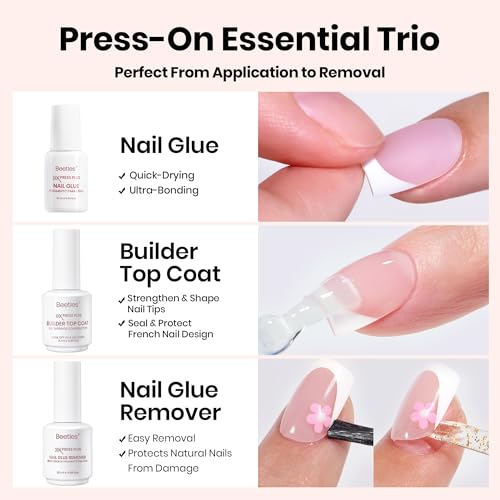 Beetles Fast Dry Nail Glue, Builder Top Coat & Remover Set, Strong Hold & High Shine for Press-On Nails and French Tips, DIY Gift For Women