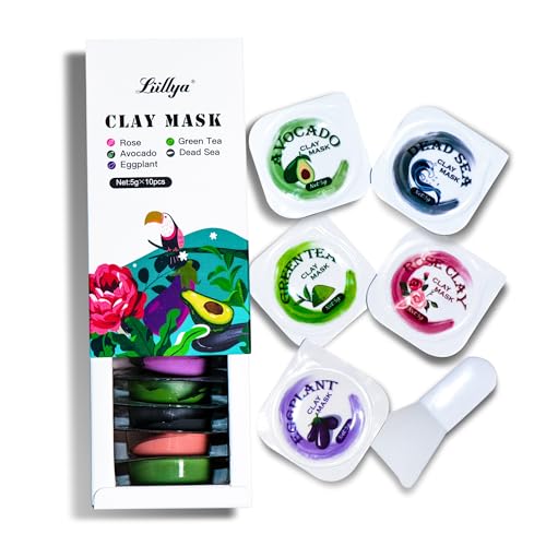 Mini Clay Mask for Face 10 Pods Travel Size Mud Mask, Dead Sea, Rose, Avocado, Green Tea, Eggplant, Blackhead Removal Deep Pore Cleansing, Self Care Gifts for Women & Men