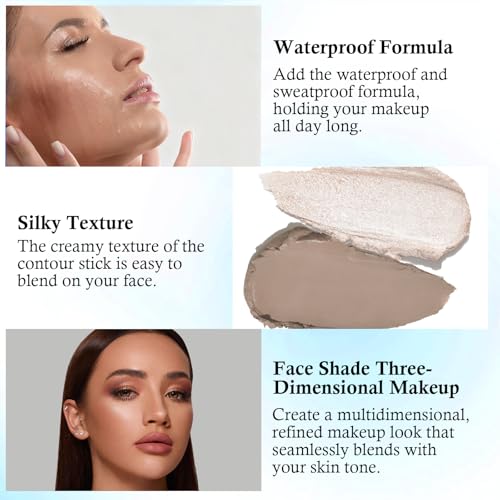 Dual Ended Cool Toned Contour&Champagne Shimmer Highlighter Stick, Cold Grey Creamy Long Lasting Bronzer&Brightener Pen, Blendable Smooth Nose Contouring Stick for Pale Fair Skin Facial Makeup