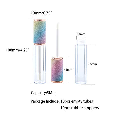 10 Pack Sparkles Rainbow Lip Gloss Wand Tubes, 5ml Empty Lip Gloss Containers, Lipgloss Lip Balm Bottles with Rubber Stoppers for Lip Gloss Balm Cosmetic Business (Sparkles Rainbow)