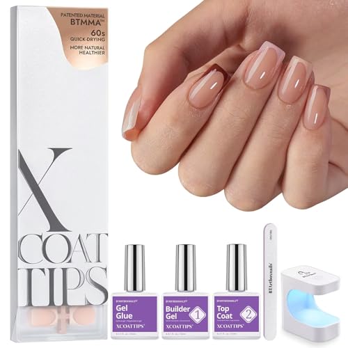 BTArtboxnails XCOATTIPS French Tip Press on Nails - Skin Tones Short Press On Nails Square, Soft Gel Nail Tips with Nail Gel, French Protecting Duo, Nail Lamp, All in One Fake Nail Extension Kit