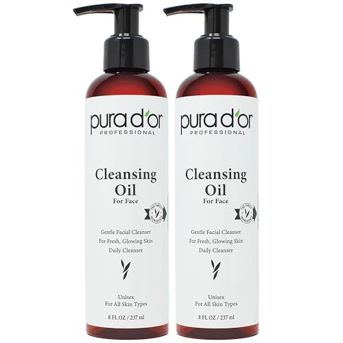 PURA D'OR Facial Cleansing Oil (8 Oz x2 = 16 Oz) Nourishing Botanical Blend with & Vitamin, Jojoba and Sunflower Oil - Gentle Makeup Remover & Deep Cleanser For Healthy, Glowing Skin - Paraben-Free
