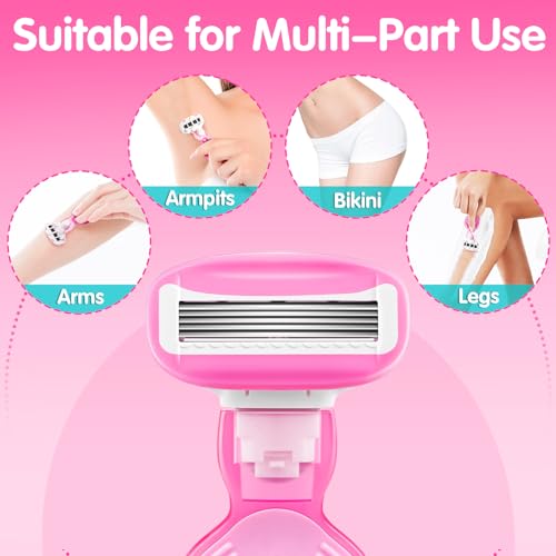 DreamGenius Travel Razors for Women, Travel Size Toiletries Include 1 Handle and 2 Cartridges, Extra Smooth 5-Blade Travel Essentials Razor with Case for Shaving, Pink