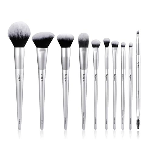 Professional Makeup Brushes 10Pcs, Premium Synthetic Make Up Brush Set, Powder Foundation Contour Blush Concealer Eye Shadow Blending Liner Makeup Brush Kit (Silver)