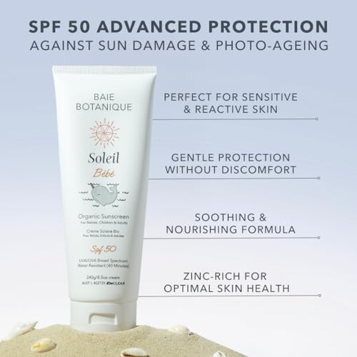 NEW - Baie Botanique Soleil B?b? Tube - Organic Non-Toxic Mineral Baby & Children Sunscreen SPF 50 - Sunflower & Jojoba - Unscented - Natural - Vegan - No White Cast - Reef Safe - UVA/UVB - 240g