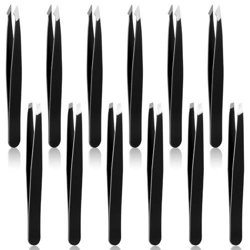 12 Pcs Eyebrow Tweezers Bulk, Stainless Steel Tweezers for Eyebrows Slanted Tip Precision Tweezer for Facial Hair Ingrown Hair Blackhead Splinter Removal and Lash Extension for Men Women (Black)