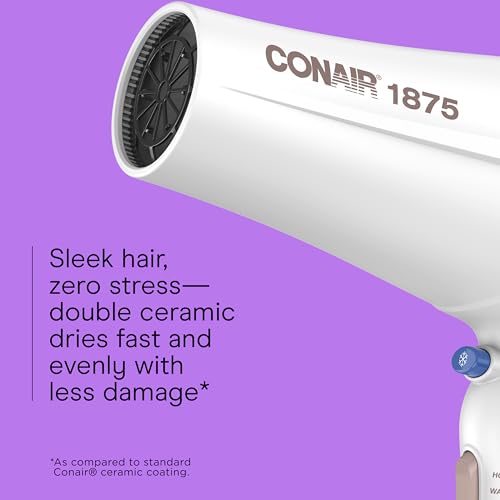 Conair Double Ceramic Hair Dryer, 1875W Blow Dryer with Diffuser and Concentrator, Ionic Conditioning, 3 Heat & 2 Speed Settings, Amazon Exclusive, White