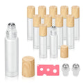 12 Pack Essential Oil Roller Bottles,10ml Empty Frosted Glass Roller Bottles with Stainless Steel Roller Balls and Caps Refillable Container for Perfume Roll on Bottles ( Wood Grain Plastic Caps)