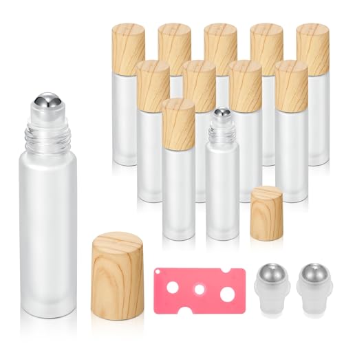 12 Pack Essential Oil Roller Bottles,10ml Empty Frosted Glass Roller Bottles with Stainless Steel Roller Balls and Caps Refillable Container for Perfume Roll on Bottles ( Wood Grain Plastic Caps)