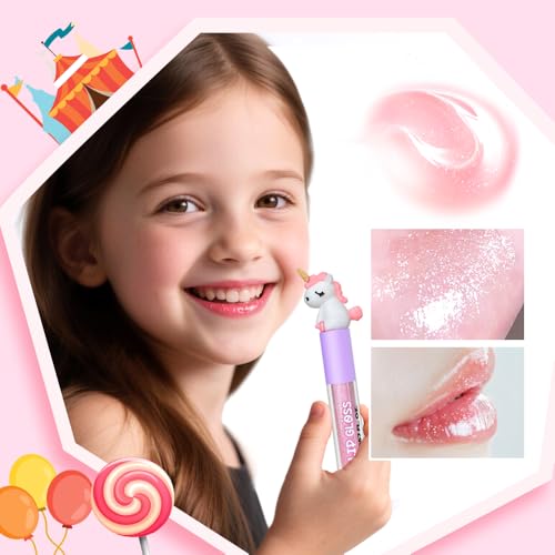 M&U MAKE YOU UP 4pc Unicorn Lip Gloss Stick for Girls- Party Favors Glossy Lip Set with Magic Topper, Girls Birthday Gift, Princess Theme Gift (4 Pack) - Non Toxic