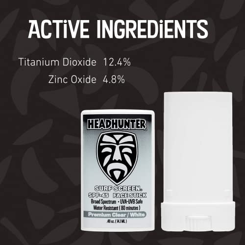 Headhunter Sunscreen Face Stick SPF 45, Waterproof Surf Sunblock for Waterman, Water-Resistant Facial Sunscreen for Ultra-Sport Protection and Solar Defense (80 min), Clear White (3 pack)
