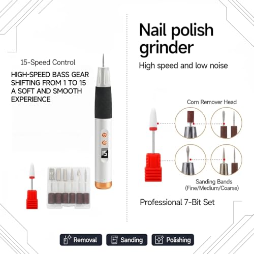 Cordless Nail Drill, Nail Drill Professional,15 Adjustable Speeds & 2 Direction Electric Nail File Kits, Portable Electric Nail Grinder Tools for Home Salon Manicure Pedicure Beginners(White).