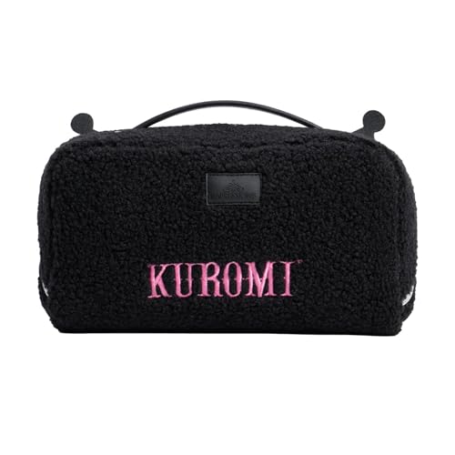 Impressions Vanity Kuromi Unfold Travel Makeup Bag Organizer, Opens Flat Zippered Cosmetic Bag with Cozy Sherpa Fabric Texture, Dual Compartments, Inner Pockets, and Top Carrying Handle