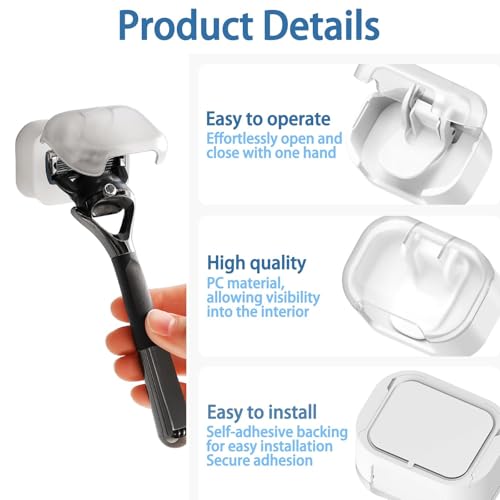 2 Pack Wall Mounted Razor Holder with Cover, Self Adhesive Razor Stand Shaver Organizer for Bathroom, Auto Closing Dust Cover Plastic Razor Organizer for Bathroom