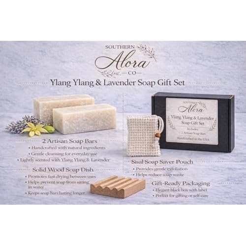 Ylang Ylang & Lavender Soap Gift Set ? Handmade Soap Bars with Sisal Soap Saver & Wood Soap Dish, Gift Ready
