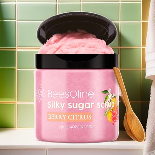 Sugar Scrub by BeesOline - Premium Fine Cane Sugar | Berry Citrus Scented - Extra Large 20oz, Convienent Flip-Top Lid, Organic Sunflower Oil & COCONUT OIL for Smooth Gentle Exfoliation