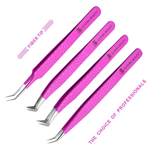 Alishba Beauty Eyelash Extension Tweezers, Precision Fiber Tip Grip Japanese Stainless Steel Profiessional (Set of 4 Eyelash Tweezer) (HOT PINK)