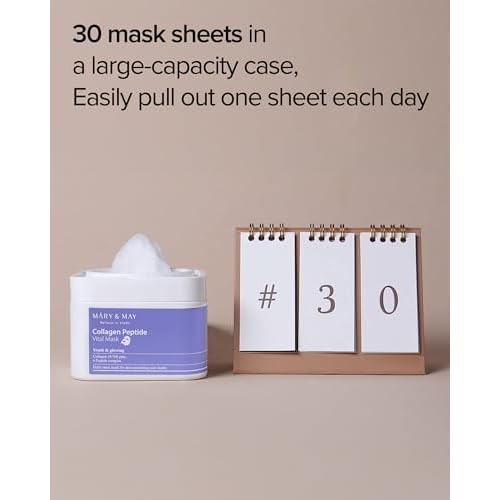 Mary&May Collagen Peptide Vital Mask (30 Sheets) ? Pull-Out Case with Hydrolyzed Collagen & 6 Peptides, Firming & Fine Line Appearance Care, Hydrating Korean Sheet Mask for Mature Skin