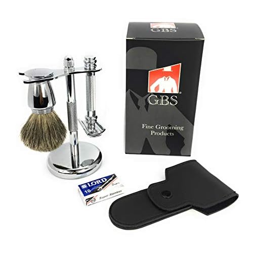 G.B.S Men's Premium Shaving Gift Set, Long Barber Pole Razor and Pure Badger Brush Stand, Double Edge Razor Leather Case and Blades