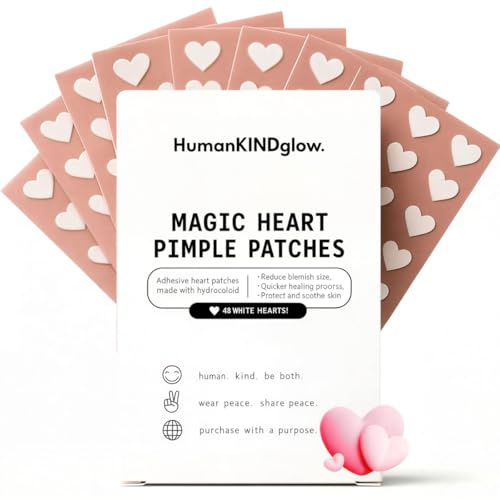 Heart Pimple Patches by HumanKINDglow ? 48 Hydrocolloid Acne Patches for Face | Gentle Spot Treatment for Pimples & Blemishes | Cute White Heart Design for Confident, Kind Skin
