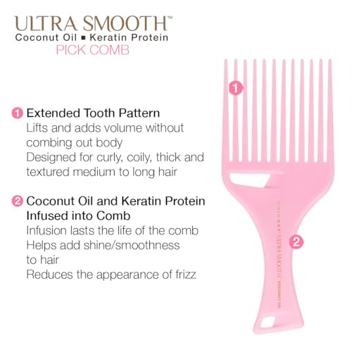 Cricket Ultra Smooth Coconut Hair Pick Comb - Infused with Coconut Oil & Keratin for Frizz-Free Shine, Volume Boost, and Gentle Detangling ? Ideal for Curly, Thick, and Textured Hair - Pink