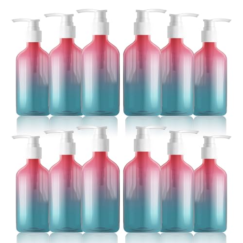 12 Pieces Empty Clear Gradient Color Pump Bottle, 8.4 oz Refillable Plastic Dispenser Bottles with Pump, Travel Lotion Container for Shampoo Hand Body Soap Oil Massage Moisturizer Face Cream Liquid