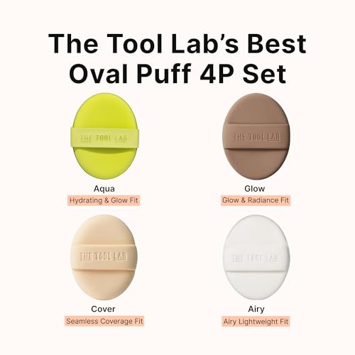 THE TOOL LAB Long-lasting Tension Puff 4P Set, Glow + Cover + Airy + Aqua, Liquid Cushion Foundation, Rubycell Makeup Sponge for Hydrating & Smooth Coverage, Korean Makeup (4P, 2.6 inch, Oval)