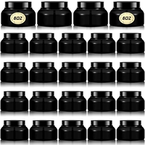Tessco for you 24 Pack Plastic Jars with Lids Labels Multiuse Containers Empty Body Scrub Jars Round Refillable Cosmetic Body Butter Containers for DIY Slime Make Up Storage(8 oz,Black)