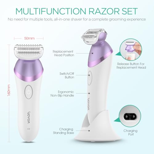 VOYOR Electric Razors for Women 4 in 1 Bikini Trimmer, Foil Shaver for Women 4 Replacement Heads for Body, Pubic Hair Trimmer, Cleansing, Massage 2 Adjustable Speeds Rechargeable Shaver ES501 (Purple)