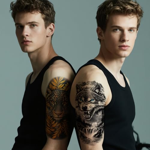 34 Sheets Half Arm Temporary Tattoos for Adults and Kids Waterproof Fake Tattoo for Men women Realistic Butterfly Rose Lion Tiger Wolf, Eagle Owl Forest - Long Lasting Tattoo Stickers for Halloween