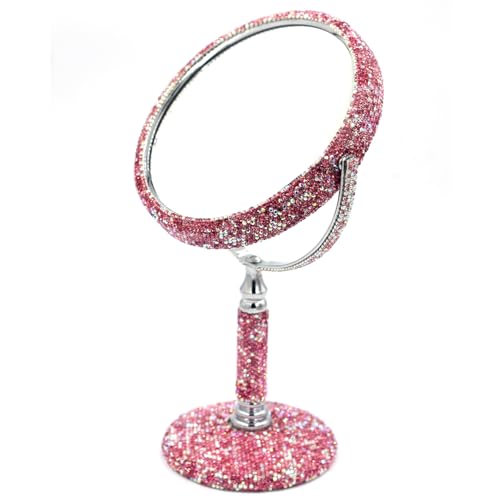 Bling Rhinestone Double-Sided Tabletop Makeup Mirror, Round Metal Makeup Mirror with 1:2 Magnifying Mirror, Rotating Mirror (Pink)