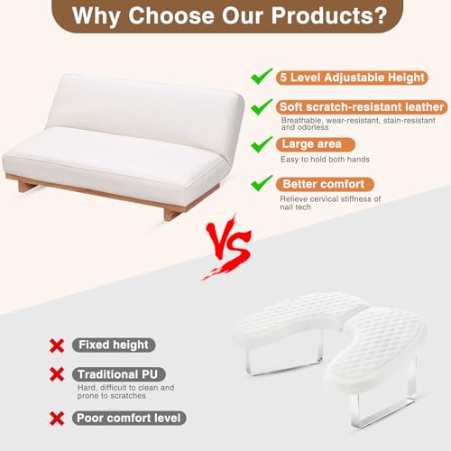 Manicure Arm Rest for Nails Tech, Ultra-Soft Comfy Adjustable Sofa Nail Armrest, AZ GOGO Upgrated Easy-Clean Hand Stand Rest for Manicurists - More Durable, Stain-Resistant (White)
