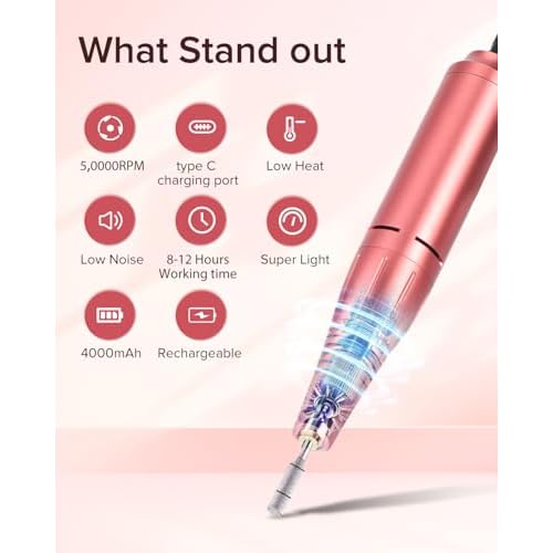 Electric Nail Drill - 50,000 RPM, Rechargeable, LED Display, Cordless Nail File Kit for Manicure, Pedicure, Acrylics & Gel Polish, Home & Salon Use-Pink