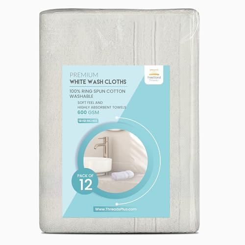 Threads+ White Wash Cloths, 100% Cotton, Soft & Absorbent, 12x12, 600 GSM, Durable Face Towels for Bathroom, Gym, Spa & Baby Care (White) Brand: Threads Plus (Pack of 12)