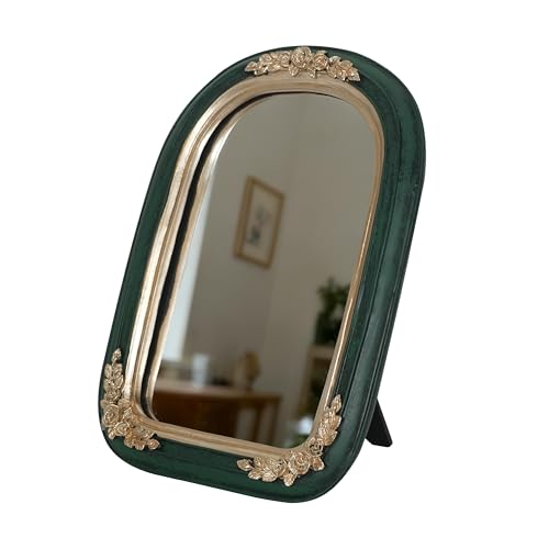 Arched Vanity Mirror Resin Frame Emerald Green and Gold Antique Rose Desktop Accent (Green)