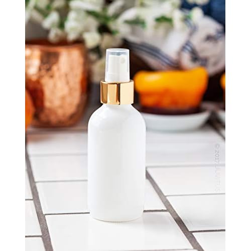 JUVITUS 4 oz / 120 ml High Shine Gloss White Glass Boston Round Bottle with Gold Fine Mist Spray (6 Pack)