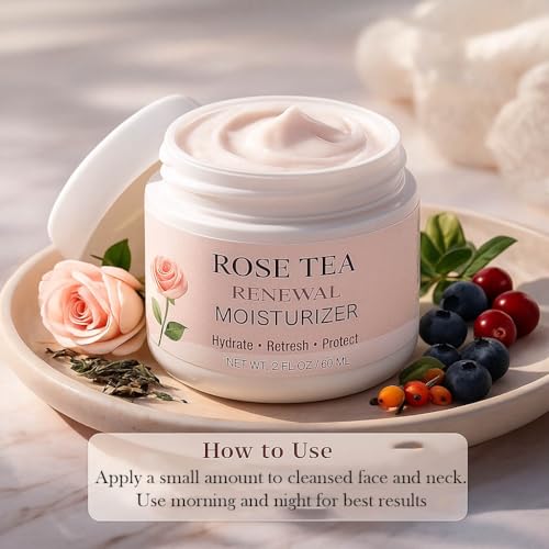 Rose Tea Renewal Moisturizer, Antioxidant Daily Face Cream with Green Tea, Rosehip Oil, Vitamin C, CoQ10, Peptides, 2 oz / 60 ml