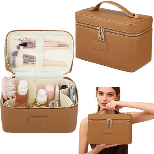 OMISTAR Makeup Vanity Bag for Women - Large Capacity Cosmetic Organizer with Removable Liner, Waterproof PU Leather Skincare Bag, Portable Chic Cosmetic Make Up Case for Skincare, Accessories, Brown